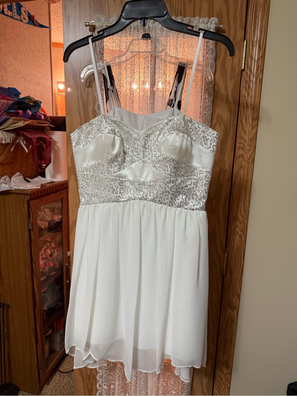 Hailey Logan White and Silver Embellished Chiffon Mini Dress